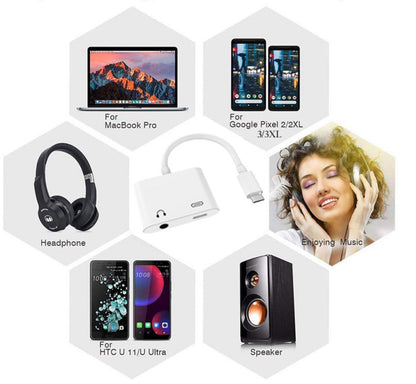 USB-C naar 3,5mm Aux en USB-C voor muziek en opladen